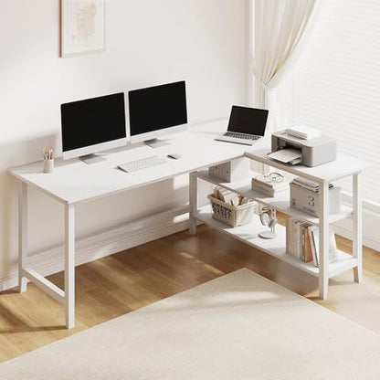IOTXY 63" Reversible L-Shaped Office Desk with Storage Shelves, White - color: White, size: 63-inch