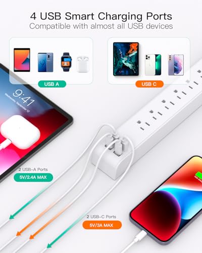Mifaso 2 Pack Power Strip, 5FT Flat Plug Extension Cord, Surge Protector - size: 5FT, style: Braided Cord & Right Angle Plug
