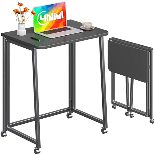 4NM 23.6" Mobile Small Folding Desk, Foldable Rolling Computer Home Office Desk, Study Writing Table for Small Space Saving Bedroom, with Wheels - All Black - color: All Black, size: 23.6"W x 15.7"D
