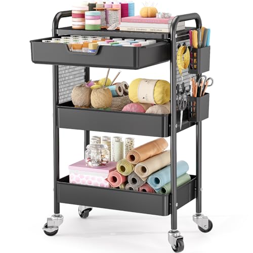 KINGBOARD 3 Tier Metal Rolling Cart with Drawer, Black Utility Storage Cart | 2 Cups & 4 Hooks, Lockable Wheels, Trolley Organizer for Bathroom, Kitchen, Office, Nursery, Dorm, Laundry, Craft Room - color: Black