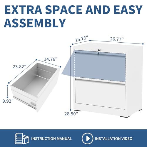 2 Drawer File Cabinet with Lock, Metal Lateral Filing Cabinets - color: White, size: 2 Drawer_ 26"W