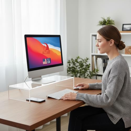 Azar 515360 Acrylic Monitor Stand Riser – Made in USA Laptop stand and Monitor Riser Acrylic Monitor Stand Riser Clear Laptop Stand for Desk Ergonomic Display Riser, Clear (21-Inch-Luxury Handcrafted) - size: 21-Inch