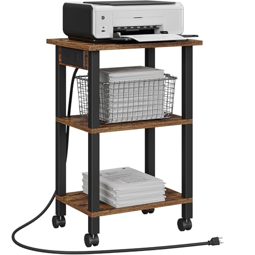 TUTOTAK Printer Stand, 3 Tier Rolling Printer Cart with Charging Station - color: Brown, size: 3 tier(15.7 x 11.8 x 23.6inchs)
