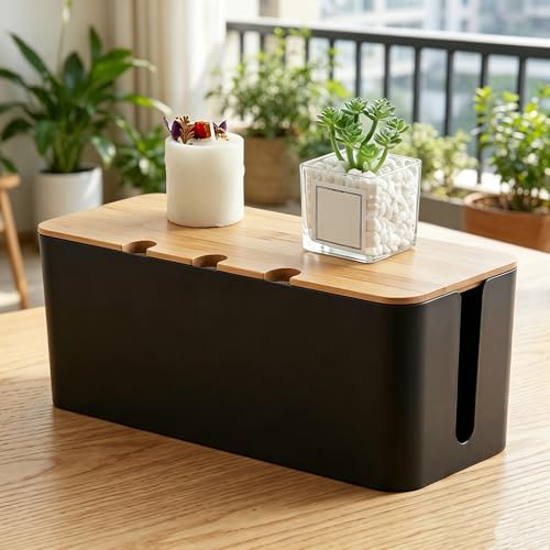 Bamboo Lid Cable Management Box, Plastic Wire Organizer with Holes, Desktop Cable Organizer for Power Strip, Charger, Data Cables, Multiple Colors Available,Dark and Cool - color: Dark and Cool