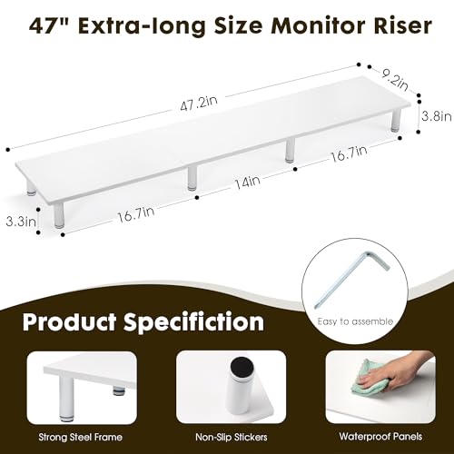 La Jaco 47 Inch Extra-Long Dual Monitor Stand Riser for 2 Monitors, Desk Shelf TV Riser Blocks, Wood and Steel Desktop Riser for Computer, Laptop, Printer, Home Office Organization, White