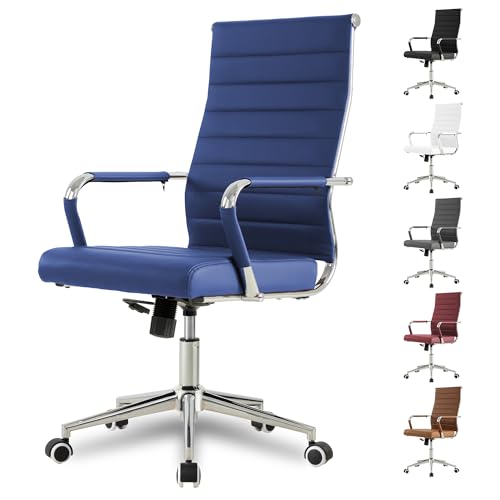 Okeysen Navy Blue Office Desk Chair, Ergonomic Leather Modern Conference Room Chairs, Executive Ribbed Height Adjustable Swivel Rolling Chair for Home Office. - color: Blue