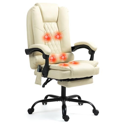 ECOTOUGE Ergonomic Comfy Desk Chair, High Back Computer Chair, Beige | 6-Point Heated Massage Office Chair with Footrest, Executive High Back PU Leather Computer Chair with Armrest & Reclining - color: Beige