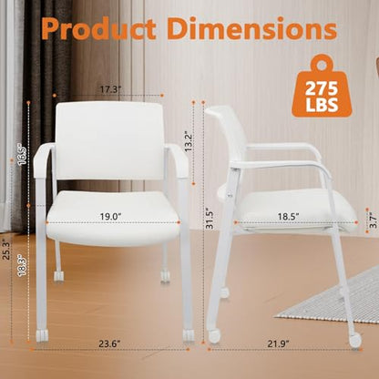 CLATINA Mesh Back Guest Reception Stacking Chair with Wheels, Waiting Room Stackable Chairs with Upholstered Leather Seat & Ergonomic Lumbar Support for Office Conference School Lobby, White, 4 Pack - size: 4pack