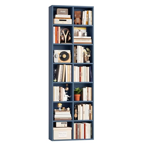 FOTOSOK Bookshelf Bookcase 7-Tier Narrow Bookshelf Tall CD Media Tower Rack - color: Blue