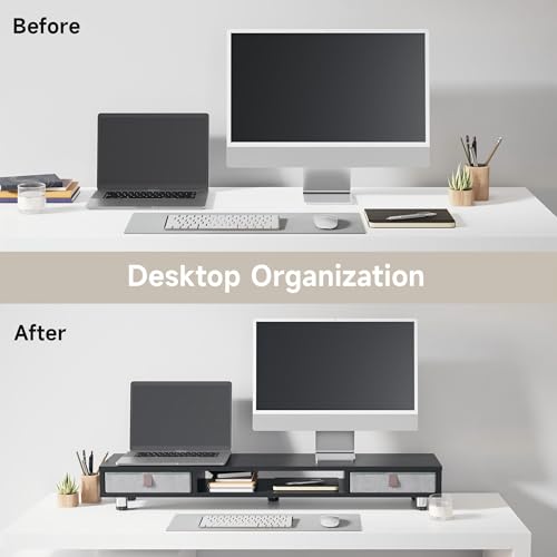 Fenge Dual Monitor Stand, 2-Tier Desk Organizer with Drawers, 42.5in, Black - color: Black