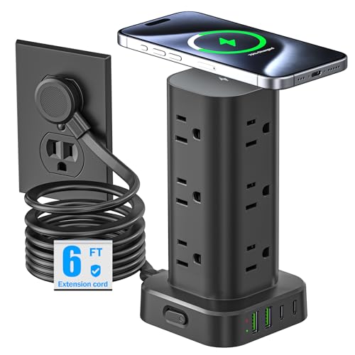 Tower Power Strip with 15W Wireless Charger, 6FT Flat Plug Extension Cord with Multiple Outlets, 12 AC Outlets, 4 USB Ports (2 USB C) Charging Station Surge Protector for Office Home Dorm Room (Black) - color: Black, size: 6FT with wireless charging