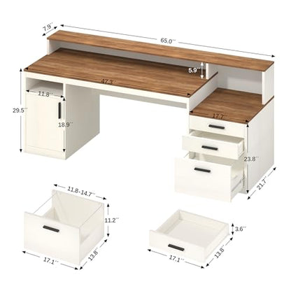 YOMILUVE 65" Computer Desk with 3 Drawers & Printer Shelf for Home Office - color: Antique White