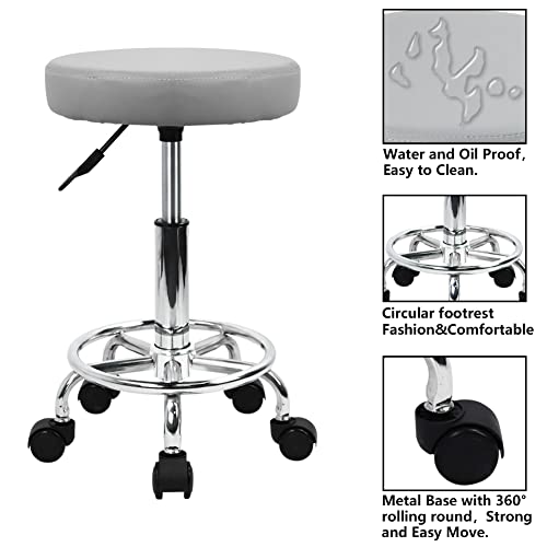 KKTONER PU Leather Round Rolling Stool with Foot Rest Swivel Height Adjustment Spa Drafting Salon Tattoo Work Office Massage Stools Task Chair (Grey) - color: Grey
