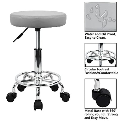 KKTONER PU Leather Round Rolling Stool with Foot Rest Swivel Height Adjustment Spa Drafting Salon Tattoo Work Office Massage Stools Task Chair (Grey) - color: Grey