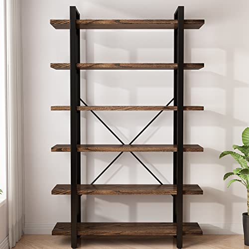 AY-AOYUAN Solid Wood Bookcase and Book Shelves Wood and Metal Shelving Unit 6 Tier Bookshelf Modern Rustic Open Bookshelf Office,Distressed Brown (AY-02-6Tier) - size: 6Tier