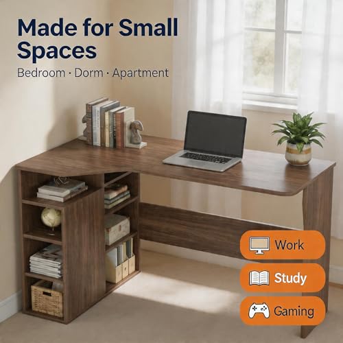 IDEALHOUSE Walnut L Shaped Desk for Small Spaces, Reversible Corner Desk with Storage Cabinet and 6 Adjustable Shelves, Wood Computer Desk for Home Office, Study, Writing, Gaming, Bedroom, Brown