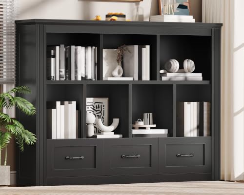 10 Cube Storage Organizer, Wooden Cubby Bookshelf, Cube Shelf Bookcase with 3 Drawers, Farmhouse Short Bookcase, 3 Tiers Floorstanding Open Bookshelf, Display Storage Shelves, Black - color: Black