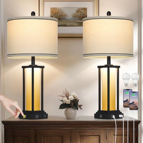 Cinkeda 27" Tall Vintage Table Lamp Set of 2 with USB C+A & Outlet,Farmhouse Nightstand Lamp for Living Room,Rustic Retro Bedside Lamps with Red-Orange Glass Night Light for Bedroom Entryway,Black-2 - color: Black-Orange Nightlight