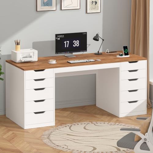 YOMILUVE 55 Inch Computer Desk with 10 Drawers and Outlets for Home Office - color: Brown and White, size: 55inch-10drawers