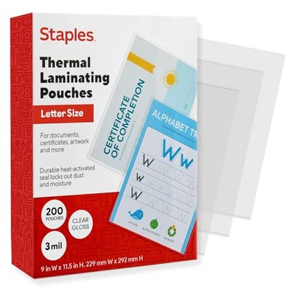 Staples Thermal Laminating Pouches, Letter Size, 9 x 11.5 Inches, 3 Mil, 200/Pack, for Office & School Use - size: 3 Mil, style: 200 Pack