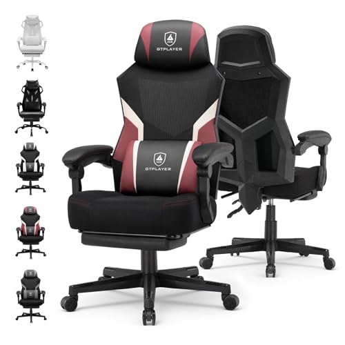 GTPLAYER Computer Chair with Adjustable Footrest, Ergonomic Gaming Chair with Headrest and Lumbar Support, Breathable Mesh Office Chair for Adults, High Back Reclining Desk Chair for Gaming and Office - color: Mix Red