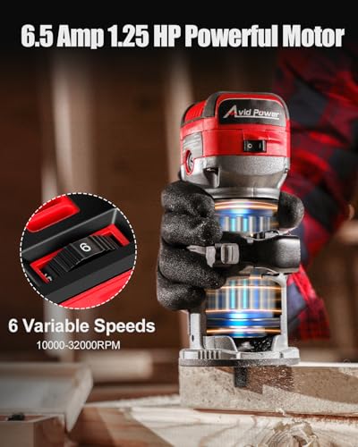 AVID POWER 6.5 Amp 1.25 HP Compact Router Tools for Woodworking, Fixed Base Wood Router with Trim Router Bits, 6 Variable Speeds, Edge Guide, Roller Guide, Dust Hood (Red, 65mm) - color: Red