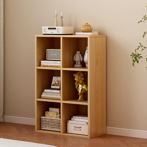 6-Cube Storage Shelf Bookcase, Oak | Wooden 3-Tier Open Bookshelf, Fits 11×11" Bins, Vertical or Horizontal Use, Full Back Panels, For Home Office - color: Oak, size: 6-Cube