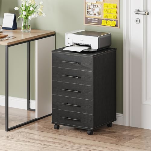 HOOBRO 5-Drawer File Cabinet, Office Cabinet with Drawers, Wooden Storage Cabinet with Wheels for Makeup, Home Office, Study, Easy Assembly, Black BK05WJ01 - color: Black