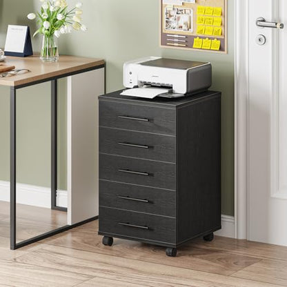 HOOBRO 5-Drawer File Cabinet, Office Cabinet with Drawers, Wooden Storage Cabinet with Wheels for Makeup, Home Office, Study, Easy Assembly, Black BK05WJ01 - color: Black