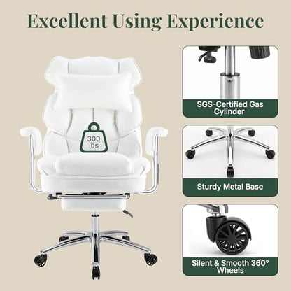 Executive Ergonomic Office Chair for Adults, Home Office | PU Leather, High Back Reclining Gaming Chair with Footrest and Lumbar Support, Height Adjustable Rolling Swivel, White - color: White