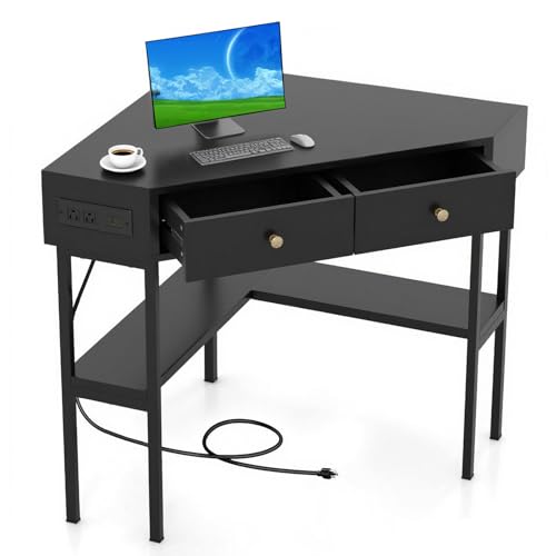 POWERSTONE Corner Desk with Charging Station & 2 Drawers, Space-Saving Makeup Vanity Triangle Computer Desk Workstation with Storage Shelves for Bedroom, Study Black