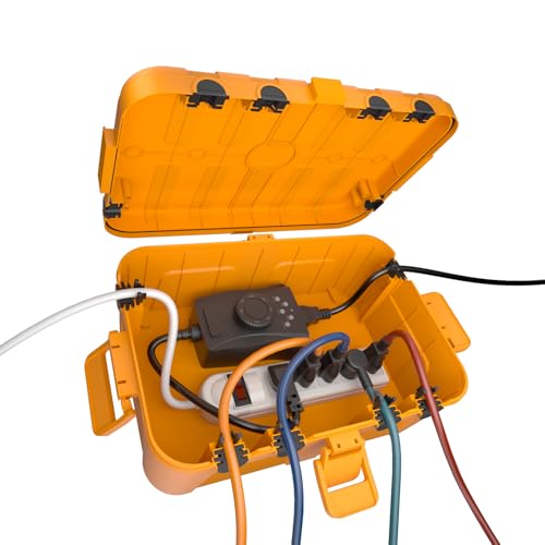 Flemoon Large Outdoor Electrical Box, Waterproof Extension Cord Cover | Inner Size 12 x 7.4 x 3.9Inch, 6 Cable Entry Ports, IP54 Weatherproof Connection Box for Outlet, Timer, Holiday Light, Orange - color: Orange, size: Large