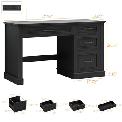 Vabches Farmhouse 47" Workstation Computer Desk with Drawers, Pure Black | Executive Desk with File Drawer and Charging Station for Home Office,Study. - color: Pure Black