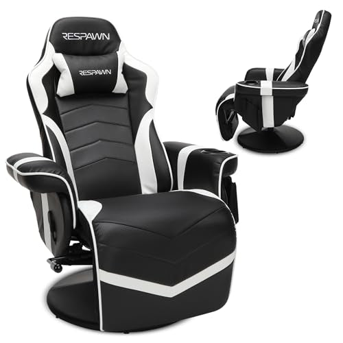 RESPAWN 900 Gaming Recliner Chair with Footrest, Cup Holder and Swivel | Ergonomic gaming recliner with footrest, cup holder, lumbar support, 135° recline & 360° swivel for console gaming - color: White