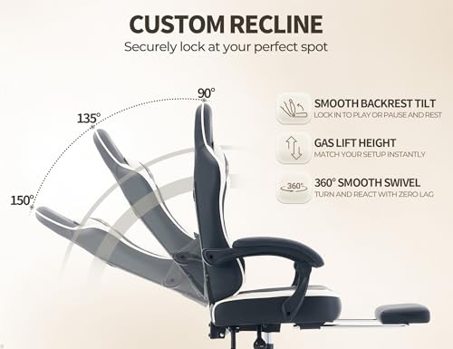 Office Desk Computer Gaming Chair for Adults, Ergonomic High Back Gamer Chair with Massage and Pocket Spring Cushion, Swivel Comfy Video Game Chairs with Footrest and Lumbar Support (Black White) - color: Base White Leather