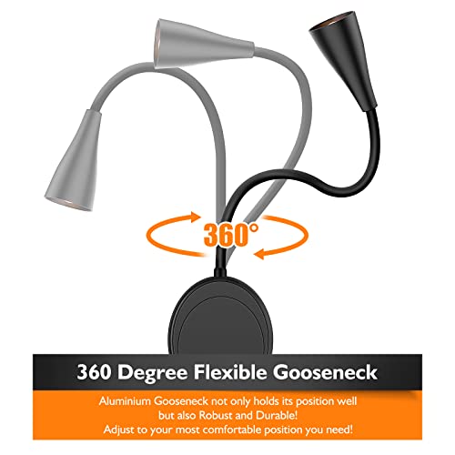 SANKEDOU LED Wall Mount Reading Light, Bedside Reading Lights with Touch Control, 5 Dimmable, USB Output, Night Light & Timers, Flexible Gooseneck Headboard Bed Lights Wall Sconce - color: Black-2P