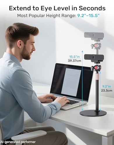 Webcam Stand for Desk, 360° Ballhead, Height Adjustable Tripod, 1/4 Thread | Stable Metal Base, With Phone Holder, Fits Logitech C922/C930e/C920/C920x/C615/C960/BRIO 4K, NexiGo N60, GoPro, Easy Setup - size: 9.2–15.5"H (7.09" dia base)