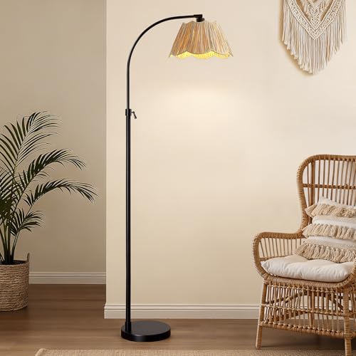 64'' Adjustable Arc Floor Lamp with Woven Pleated Shade, Black - color: Black