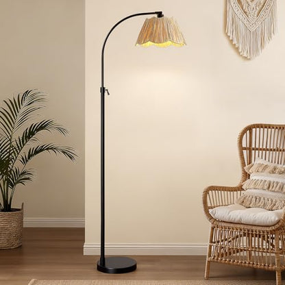 64'' Adjustable Arc Floor Lamp with Woven Pleated Shade, Black - color: Black