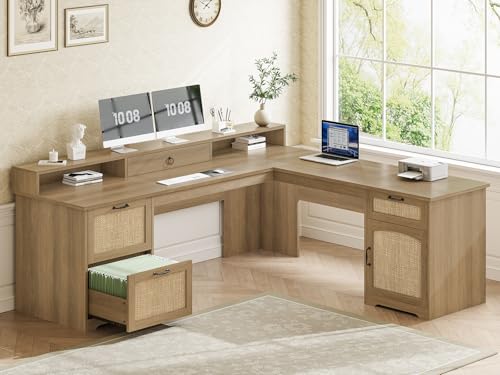 SEDETA Farmhouse 63" L Shaped Desk with Drawers and Storage Cabinet,Oak | Office Desk with File Drawers, Wood Corner Computer Desk with Storage, Home Office Desk with Monitor Stand - color: Oak
