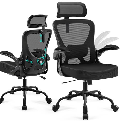 Office Chair - Ergonomic Desk Chair Breathable Mesh Chair with 2D Headrest & Adjustable Lumbar Support - Executive High Back Rolling Swivel Computer Gaming Chair with Wheels Flip-up Armrests - color: Black/Black
