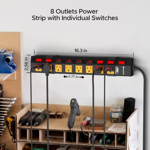 CRST 8-Outlet Metal Power Strip with Individual Switches, 15A/1875W, 10FT | 1.77" Wide Spacing for Bulky Plugs, 1200J Surge Protector Power Strip with Mounting Brackets for Home/Workshop/Garage/School - size: 8 Outlet+10FT