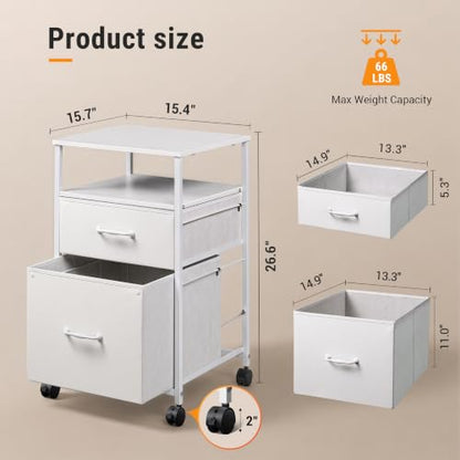 DEVAISE 2 Drawer Fabric Vertical Filing Cabinet, Rolling Printer Stand, White - color: White