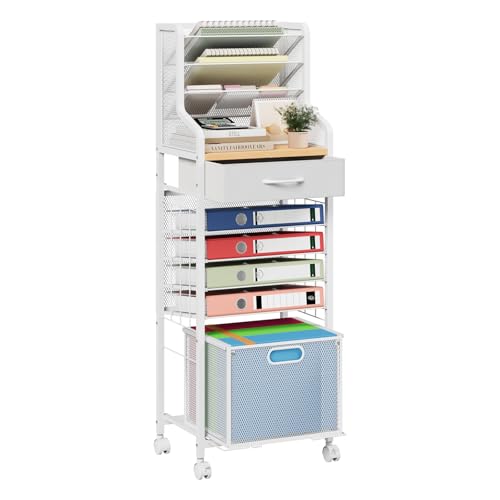 SWTYMIKI 10-Tier Rolling File Cart - Mesh Paper Organizer with Drawer and Hanging File Folders on Lockable Wheels, Rolling File Cabinet for Office Organization, Storage in Home, Studio, School, White - color: White, size: 14.37x43.31in