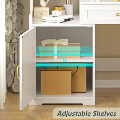 60" White Computer Desk with Drawers & Bookshelves for Bedroom, Home Office - color: White