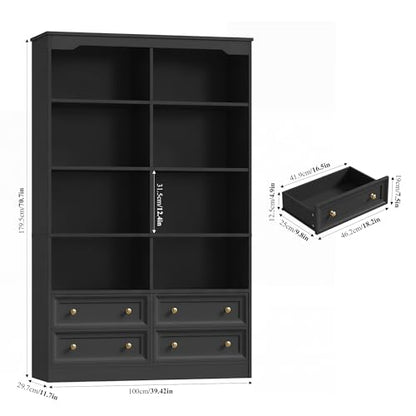 71" Tall Bookshelf with 4 Drawers Black Bookshelf Office Bookcase | 6-Tier Double Wide Bookshelves and Bookcases with Storage, Black Bookshelf Standing Book Cabinet for Home Office, Black - color: Black