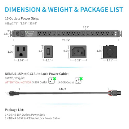 Surge Protector Power Strip, 16 Outlet Metal PDU Power Strip, 6 Feet - size: 6 FT