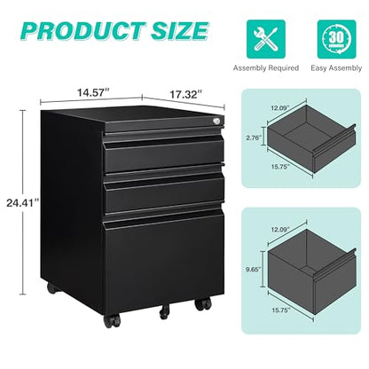 3 Drawer File Cabinet with Lock,Under Desk File Cabinet with Wheels,Black Rolling Filing Cabinets,Three Drawer Metal Filing Cabinet for Home Office,Fit A4/Letter/Legal File,- Assembly Required - color: Black, style: Assembly Required
