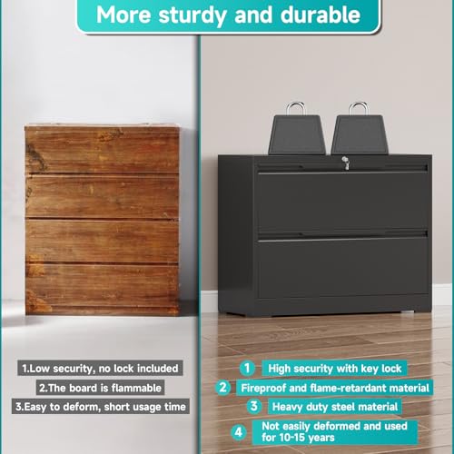 2 Drawer Lateral Metal File Cabinet, Home Office Storage Filing Cabinet with Hanging Bars & Keys, Compatible with Legal Letter A4 F4 Size Hanging Folders,Black,Require Assembly - color: Black, size: 2 Drawer-36"W