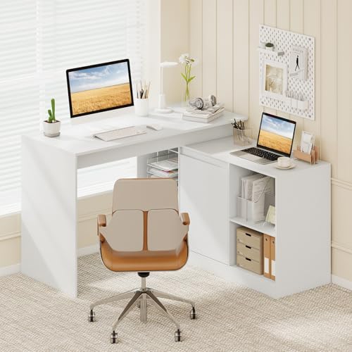 Tangkula Reversible L-Shaped Computer Desk Corner Laptop Workstation - color: White